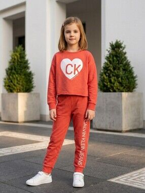 Calvin Klein Girls 2 Piece Set 7 8 Terry Sweatshirt Joggers Coral Lounge Outfit